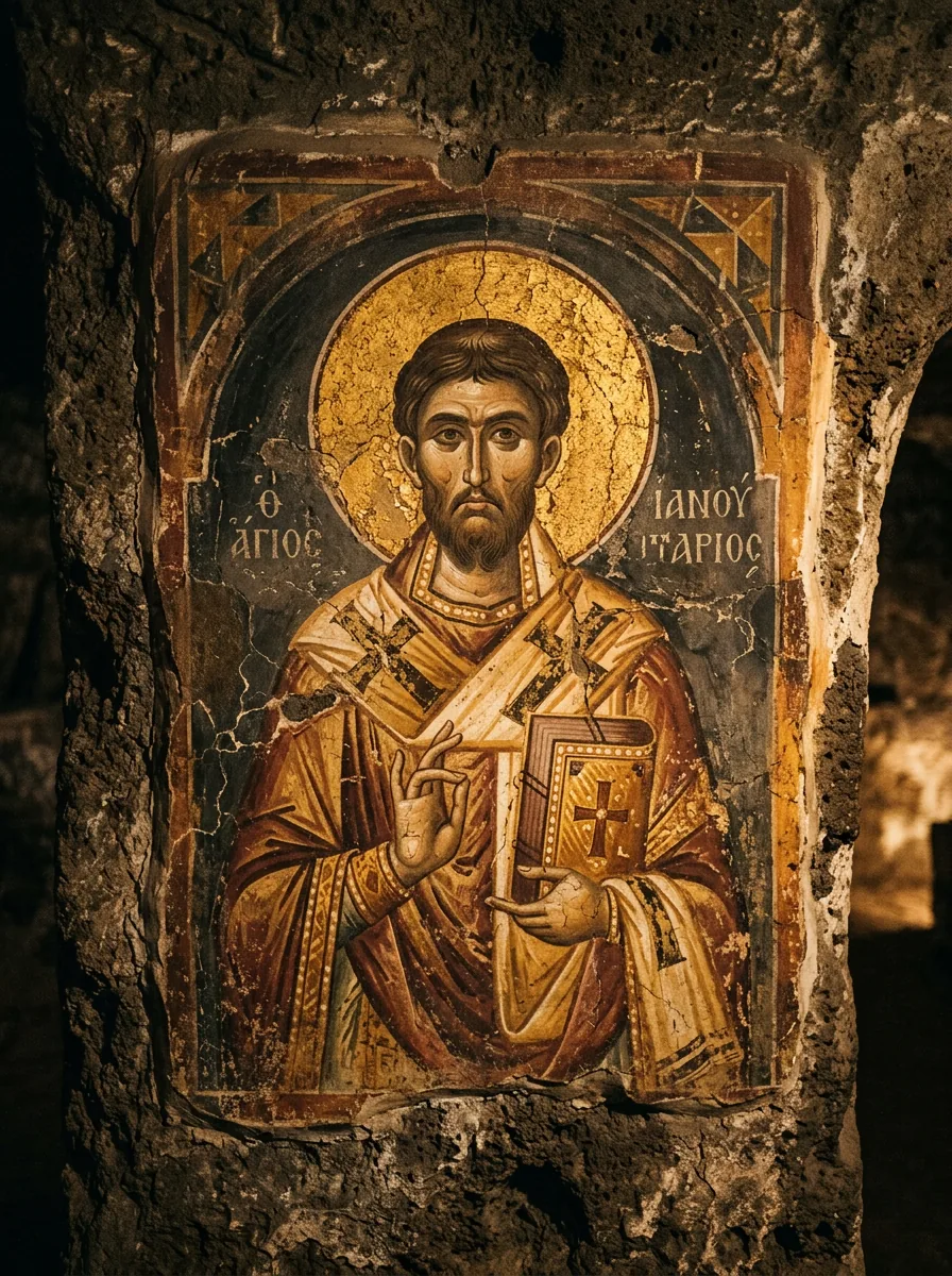 Byzantine fresco of San Gennaro on a catacomb wall